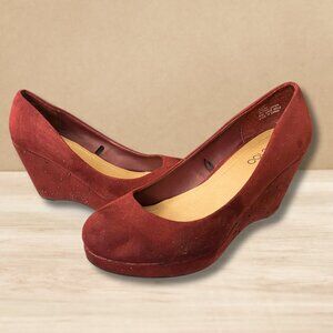 Me Too Brand Kate Red Velvet Wedge Platform Heels with Rhinestones